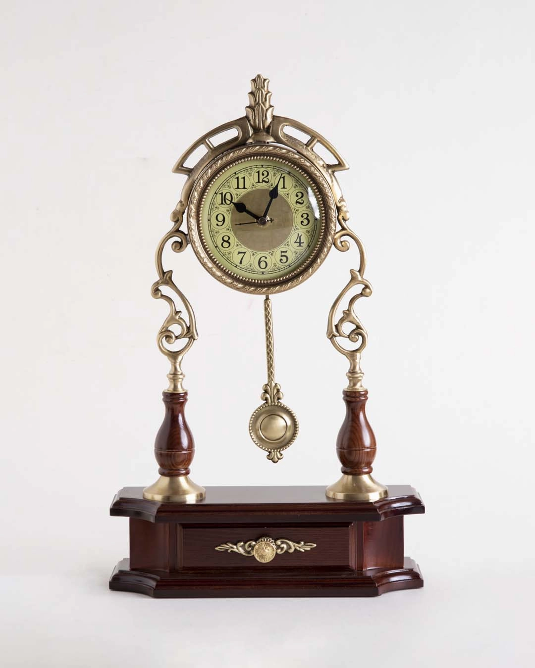 Vintage Ornate Table Clock with Wooden Base and Pendulum - Brass