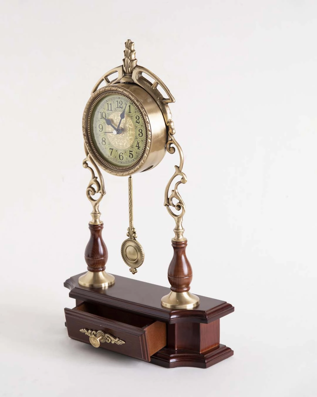 Vintage Ornate Table Clock with Wooden Base and Pendulum - Brass