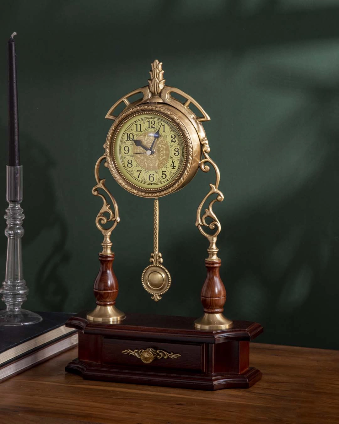 Vintage Ornate Table Clock with Wooden Base and Pendulum - Brasshome decor ,wall decor 