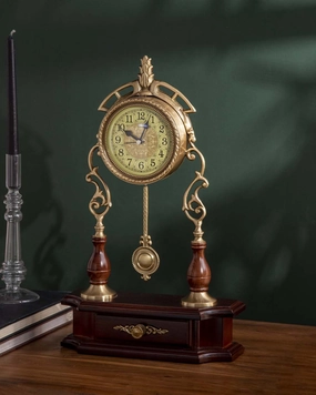 Vintage Ornate Table Clock with Wooden Base and Pendulum - Brasshome decor ,wall decor 