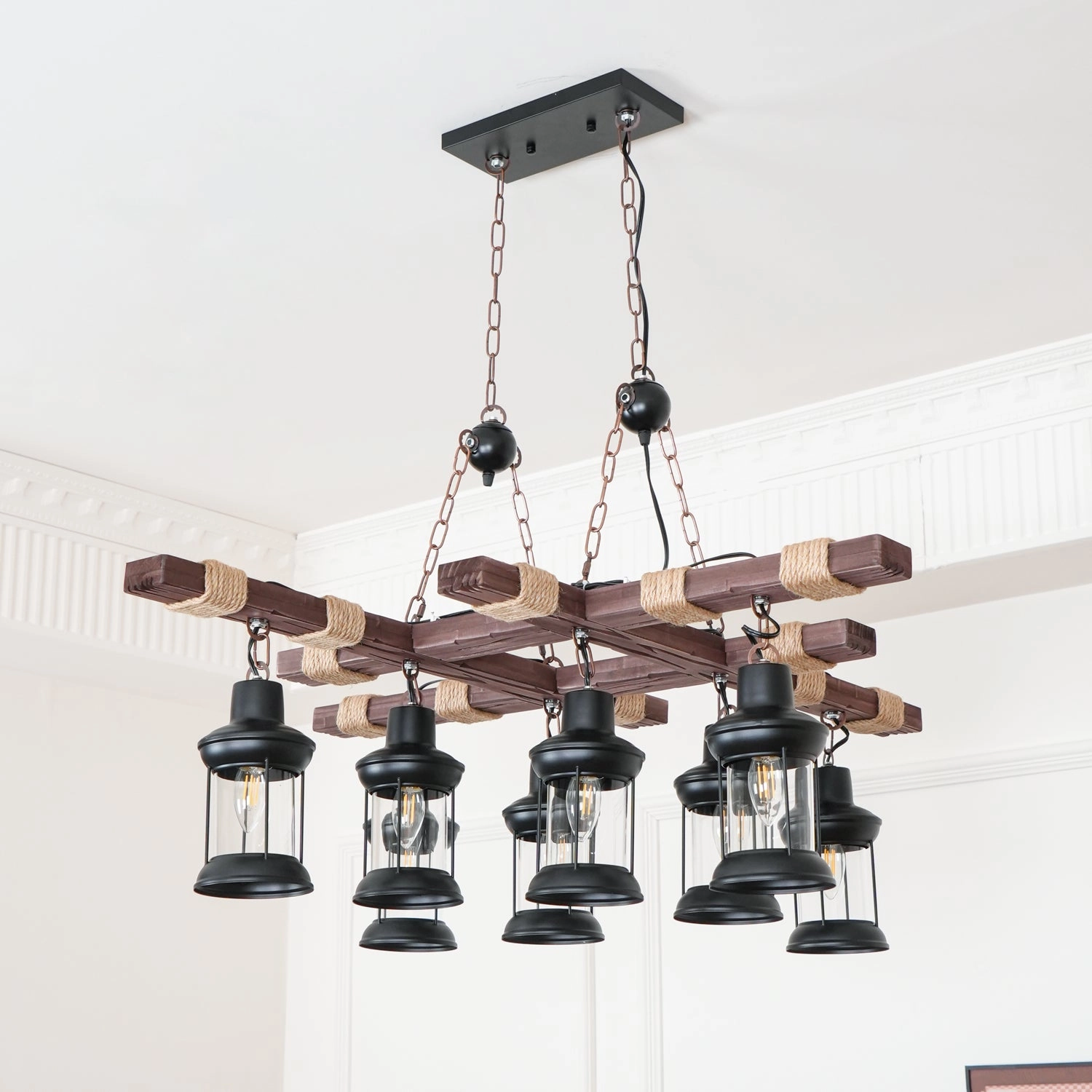 Vintage Wood Glass Chandeliers