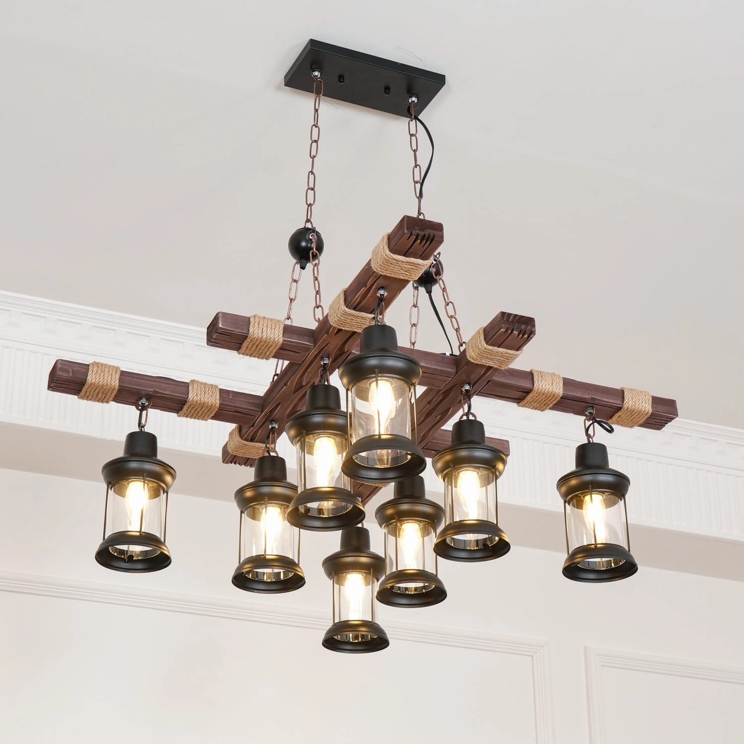 Vintage Wood Glass Chandeliers
